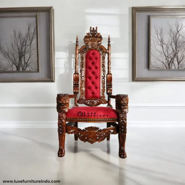 Handcrafted luxury wooden throne chair with deep carvings and red velvet upholstery, perfect for classic and regal interiors -- Indonesia Furniture.