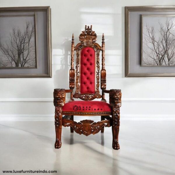 Handcrafted luxury wooden throne chair with deep carvings and red velvet upholstery, perfect for classic and regal interiors -- Indonesia Furniture.