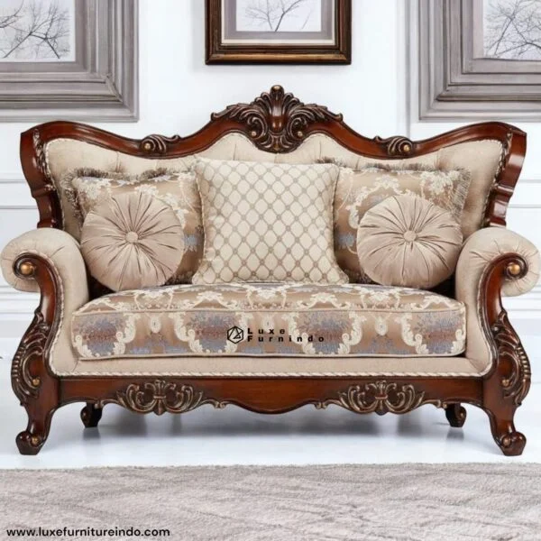 Luxury classic wooden sofa with detailed carvings and premium fabric upholstery, ideal for elegant