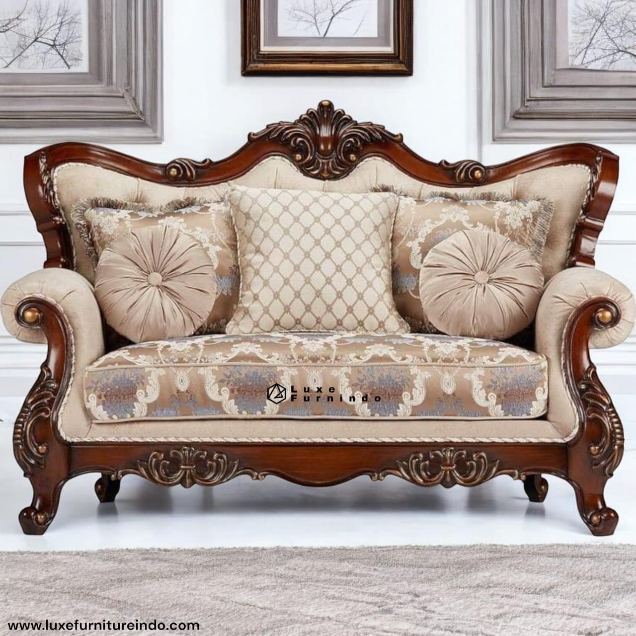 Luxury classic wooden sofa with detailed carvings and premium fabric upholstery, ideal for elegant